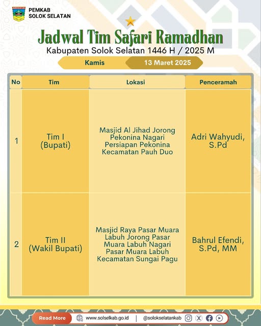 Berikut jadwal dan lokasi pelaksanaan Safari Ramadhan Pemerintah Kabupaten Solok Selatan 1446 Hijriah, Kamis, 13 Maret 2025