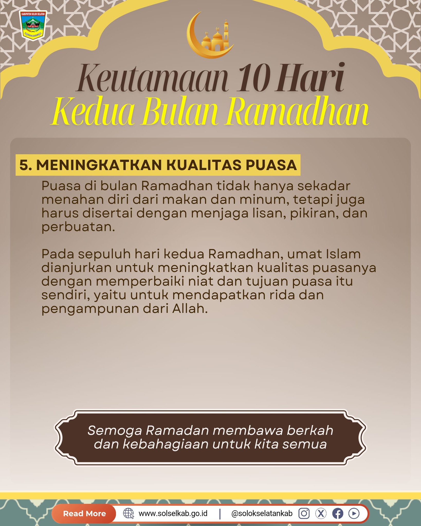 Fase 10 hari kedua di bulan Ramadhan disebut juga sebagai maghfirah atau pengampunan. Waktu di mana Allah SWT membuka pintu ampunan seluas-luasnya bagi hamba-Nya yang bertobat.